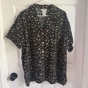 Jones New York Sport Black Floral Rayon Button Down Blouse Short Sleeve 14W